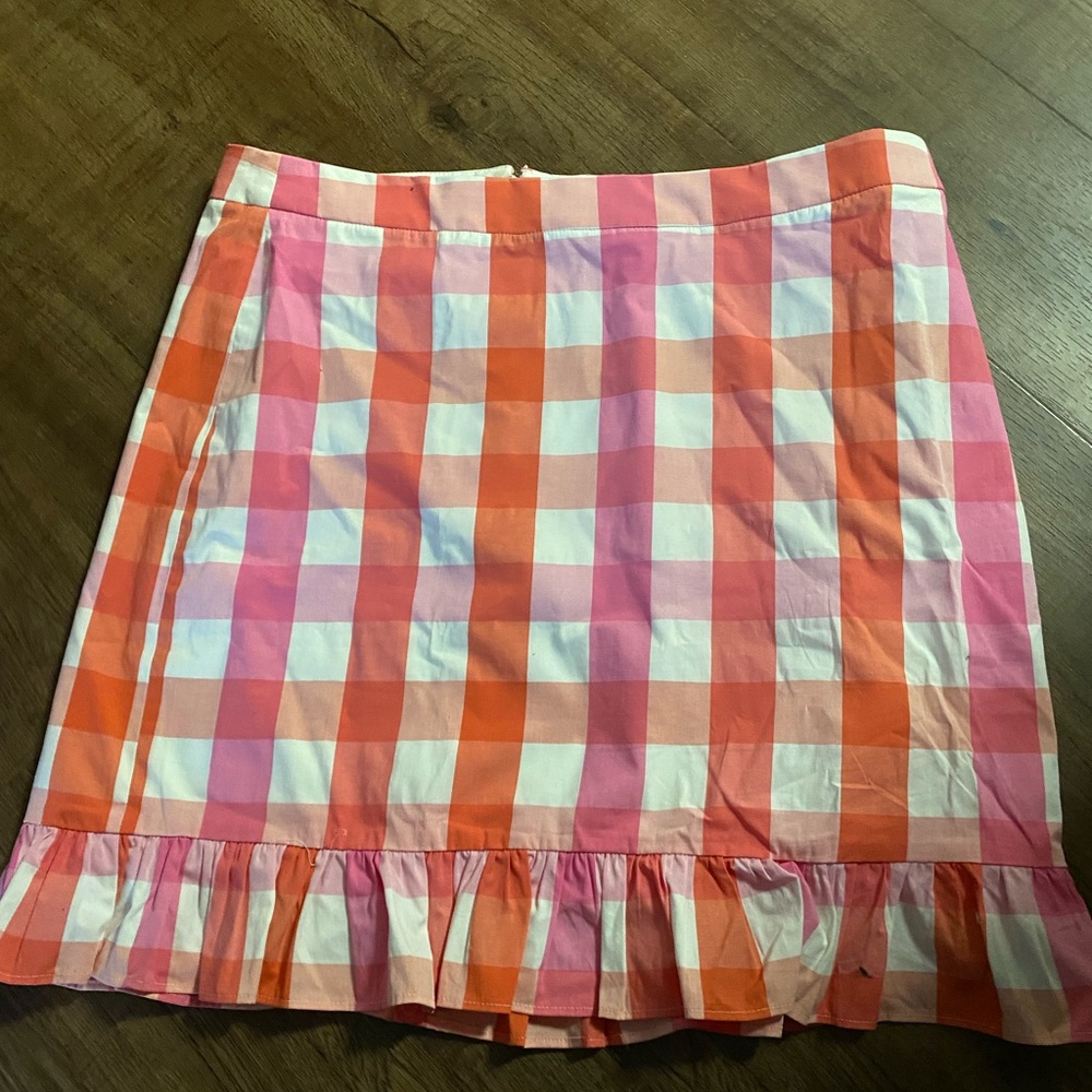 J. Crew Pink, Orange and White Gingham Pencil Skirt with Ruffle Hem